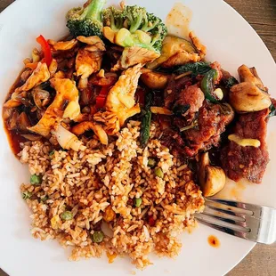 Basil Beef, Chicken with Garlic Sauce, Chicken Delight, Fried Rice