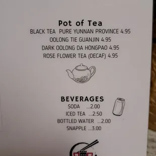Tea and Beverages Menu as of 6/24/23