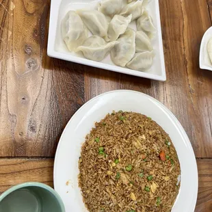 Soy sauce fried rice and pork/leek dumplings