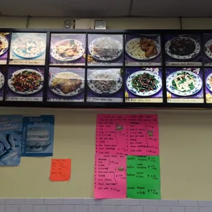a variety of plates of food on display
