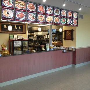 a view of a restaurant counter