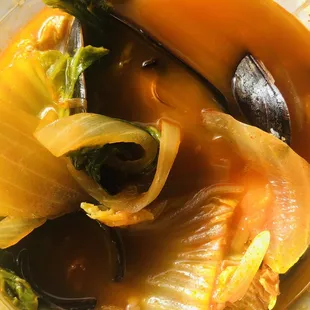 Tasty spicy seafood soup with mussels, shrimp, and cabbage (I asked that the chef hold the squid)