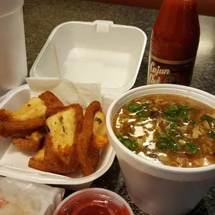Shrimp toast and hot and sour soup.