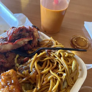 Chow mein, teriyaki chicken, orange chicken, Thai tea