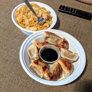 Chicken lo mein and pan fried pork dumplings