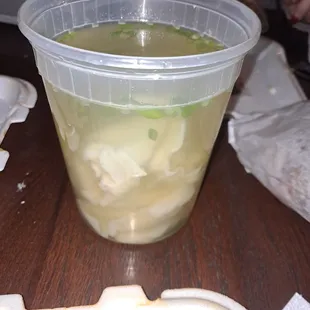 wonton soup...1st time eating there was used to more brown broth and pork inside...it was kind of gummy and over cooked..
