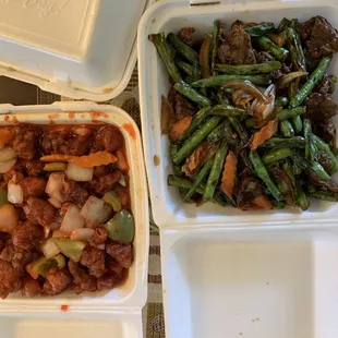 Sweet and sour pork, green beans and pork.