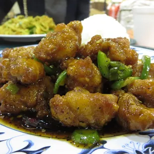 Ggan punggi (or gan pung gi) - fried chicken in spicy garlic sauce.