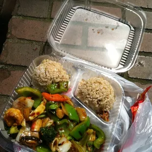 Seafood combo with brown rice