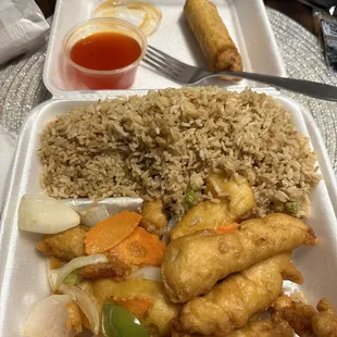 Sweet and sour chicken and egg roll