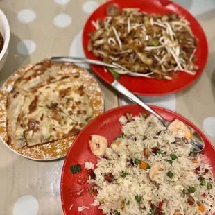 house fried rice ($23), green onion pancakes, beef chow fun