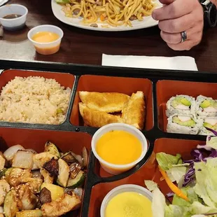 Chicken bento box and combo lo mein