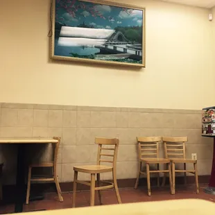 empty tables and chairs in a restaurant
