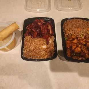 Egg drop soup, spring roll, sliced pork, shrimp fried rice, orange chicken,  and vegetable fried rice