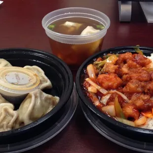 General Tso&apos;s Chicken, Steamed meat dumplings and wonton soup... D&apos;LISH! AMAZING!!!