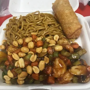 Kung pao shrimp with an egg roll