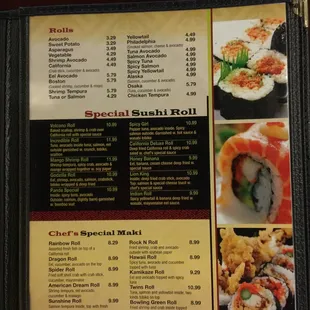 the menu for the special sushi roll