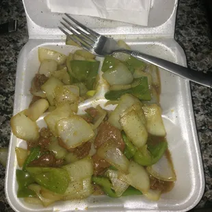 Peppered steak?! Anyone see more than 3 pieces of steak?!