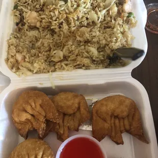 Shrimp fried rice, pepper steak, with &quot;shrimp cheese puffs&quot; (crab Rangoon)