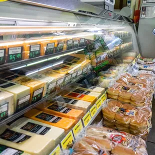a display of cheeses