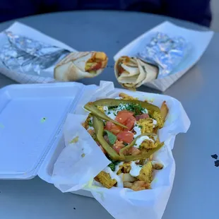 Chicken shawarma wrap, lamb kabob wrap, chicken shawarma fries. Yum