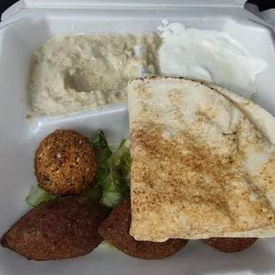 The kitty and the hummus and the falafel were okay the rest of that food could go away