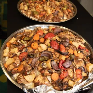 two pans of food on a table