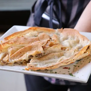 a person holding a plate of quesadillas