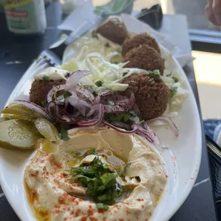 Falafels, hummus and small salad.
