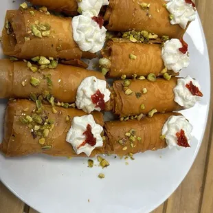 Specialty Lebanese sweet (znoud elsitt) filo dough stuffed with cooked Ashta crispy and soft on the inside