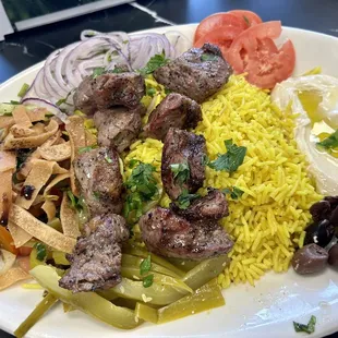 Lamb Kabob Platter w/ rice, hummus, yogurt