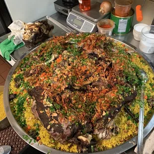 a large platter of food on a kitchen counter