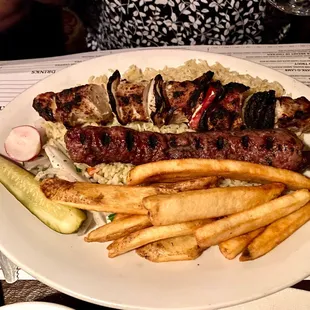 Chicken kabob, Kafta, rice &amp; fries