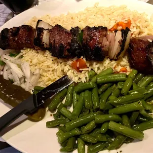 Beef kabobs, rice &amp; green beans