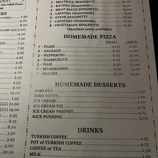 Pizza and Italian menu