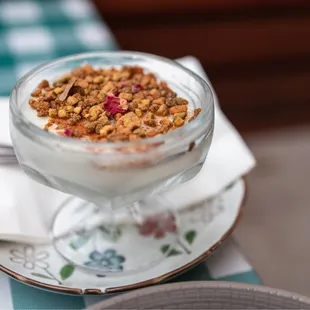 Muhalabia - floral milk pudding seasoned with orange blossom water &amp; mastic topped with pistachio