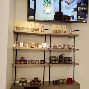 Packaged coffee, candy, and other things for sale