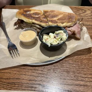 Cuban sandwich with pickle potato salad.