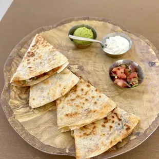 Backyard BBQ Chicken Quesadillas -grilled chicken, Oaxaca and Monterey jack, cheese, sweet, tangy, barbecue sauce