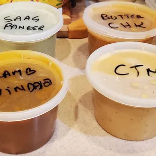 Saag paneer,  Butter chicken,,  Chicken tikka masala,  Lamb vindaloo