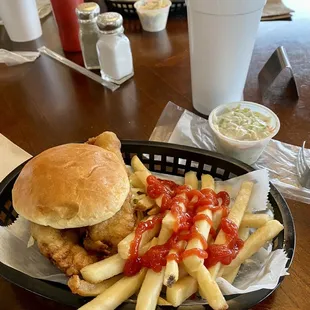 Fried cod sandwich, fries,&amp; coleslaw