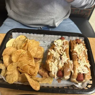 Hotdogs and chips.