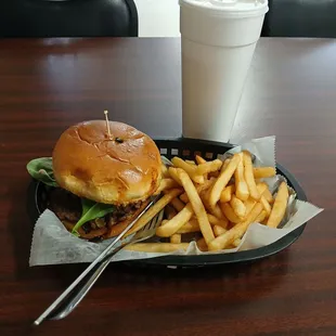 Bistro burger, fries, and an Arnold Palmer