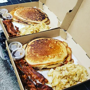 a box of pancakes and bacon
