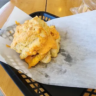 Bacon, egg, and pimento cheese biscuit
