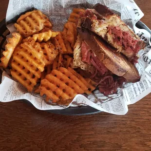 Rueben and waffle fries