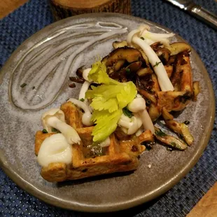 Mushroom waffle. It comes with a shot of hot mushroom broth...