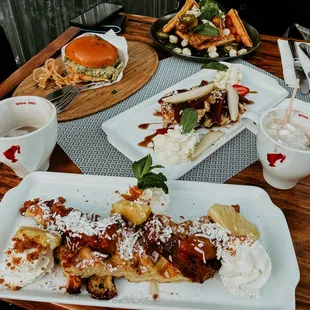 Broodje Ei Met Truffel, Buttermilk Fried Chicken Thighs and Waffle, Liege Waffle &amp; Red Wine Poached Pears, Belgian French Toast