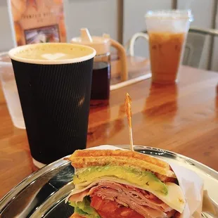 Black Forest Ham Waffle Sandwich with large latte