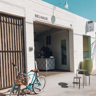 a bicycle parked in front of a building